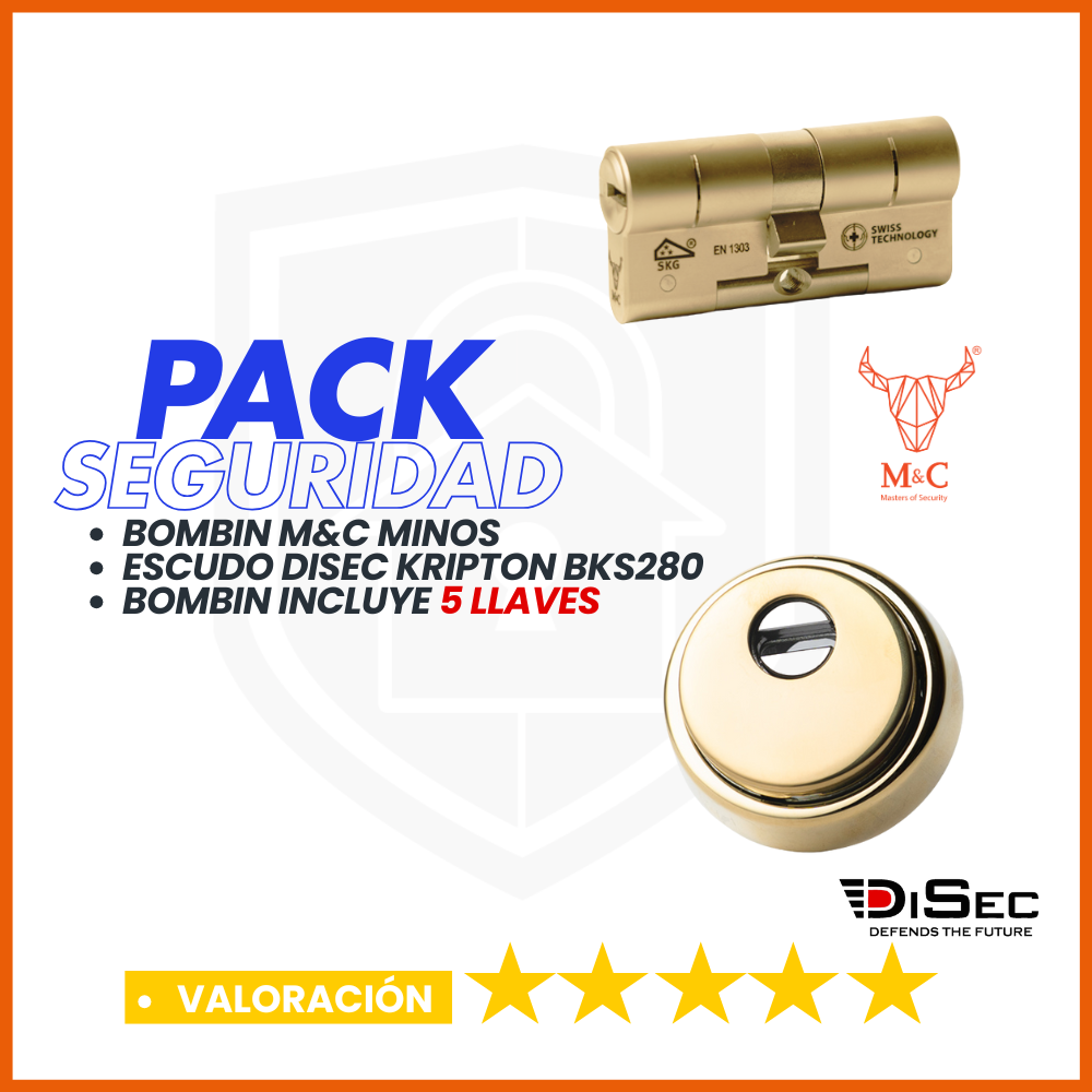PACK SEGURIDAD M&C MINOS + ESCUDO DISEC KRIPTON BKS280 DORADO