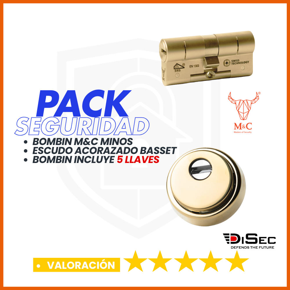PACK SEGURIDAD M&C MINOS + ESCUDO DISEC ROK BD280 DORADO