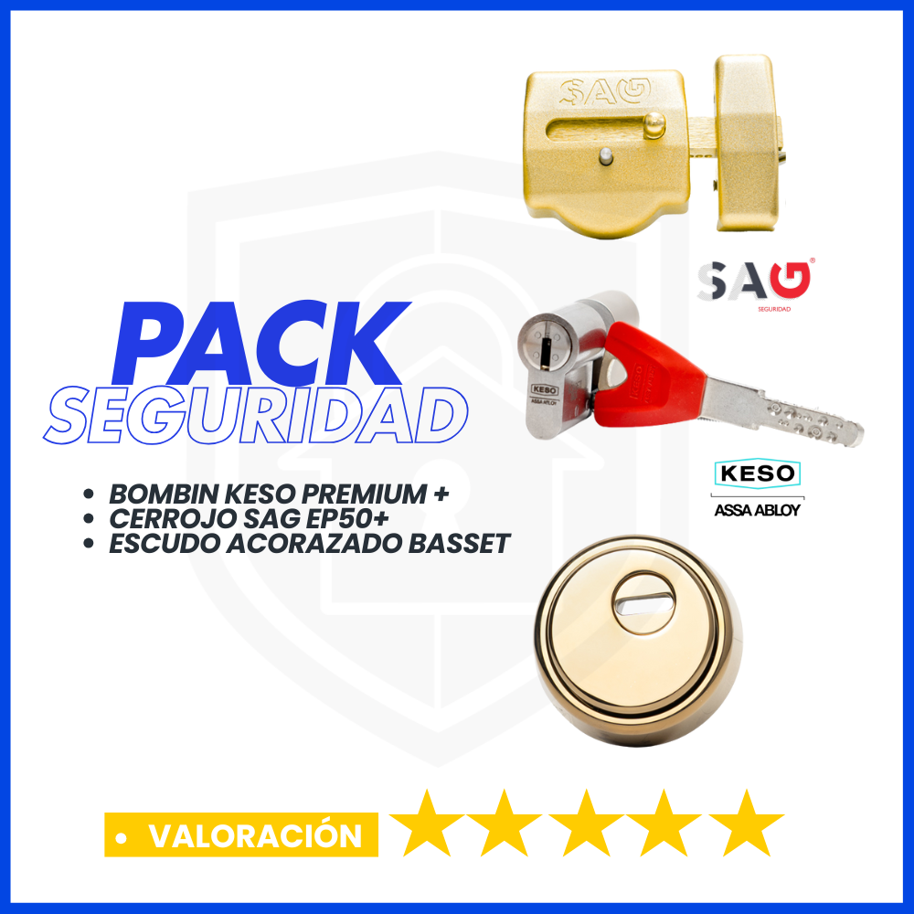 PACK DE SEGURIDAD CERROJO SAG EP50+KESO PREMIUM + ESCUDO ACORAZADO BASSET LATON